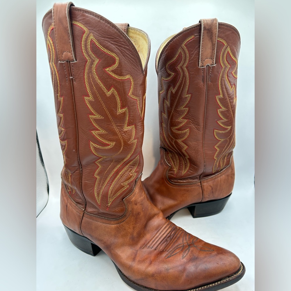 VINTAGE Diamond J JUSTIN Western Cowboy Brown Leather Boots WM’S Size US 12.5 - Picture 3 of 14